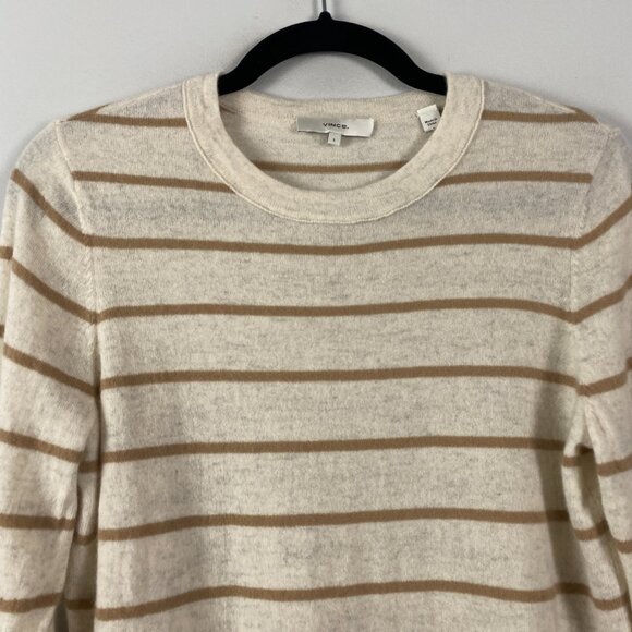 Vince 100% Cashmere Crew Neck Sweater Womens L Beige Tan Stripe Pullover Slim - Picture 2 of 10
